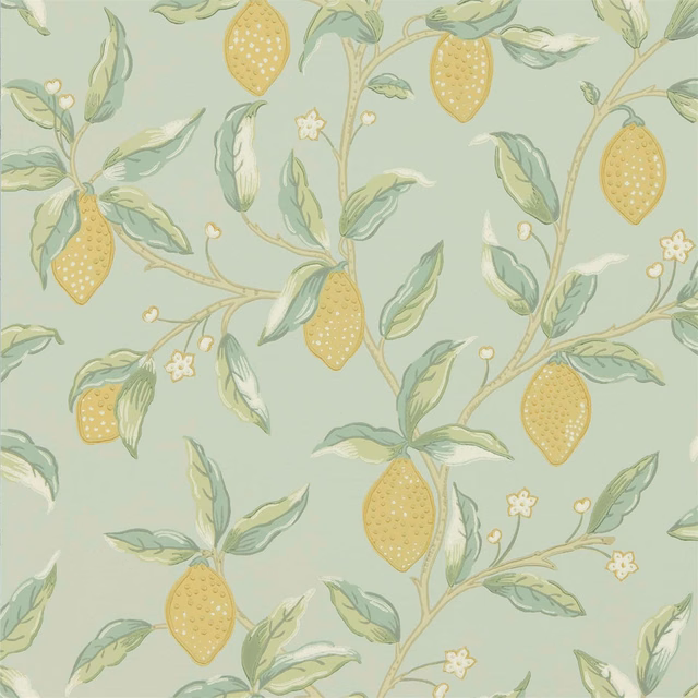 Pale sage wallpaper with yellow lemons, curling leaves and tiny white botanical flowers