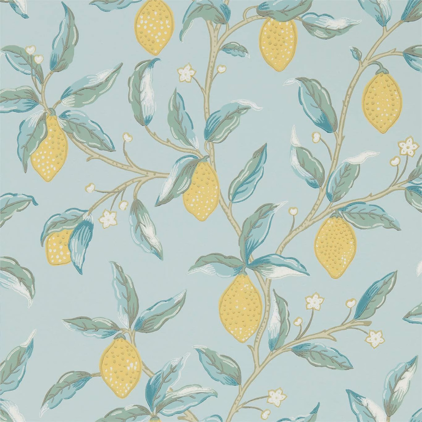 Pale blue wallpaper with yellow lemons, sage leaves, winding branches and tiny white flowers.