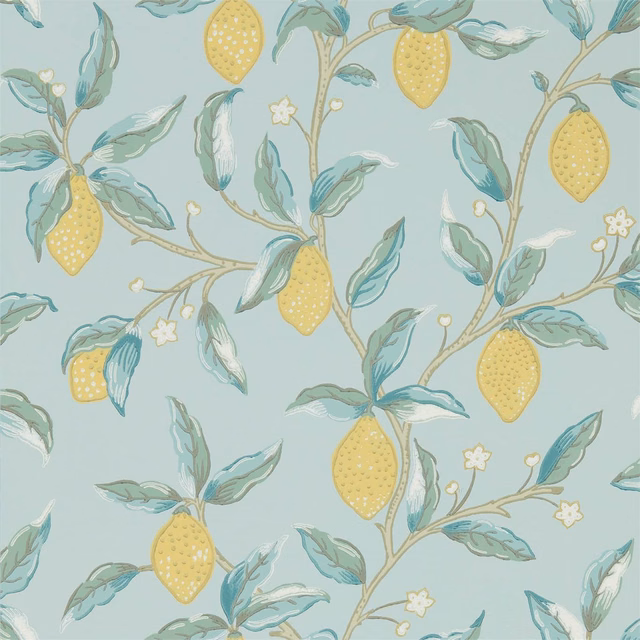 Pale blue wallpaper with yellow lemons, sage leaves, winding branches and tiny white flowers.