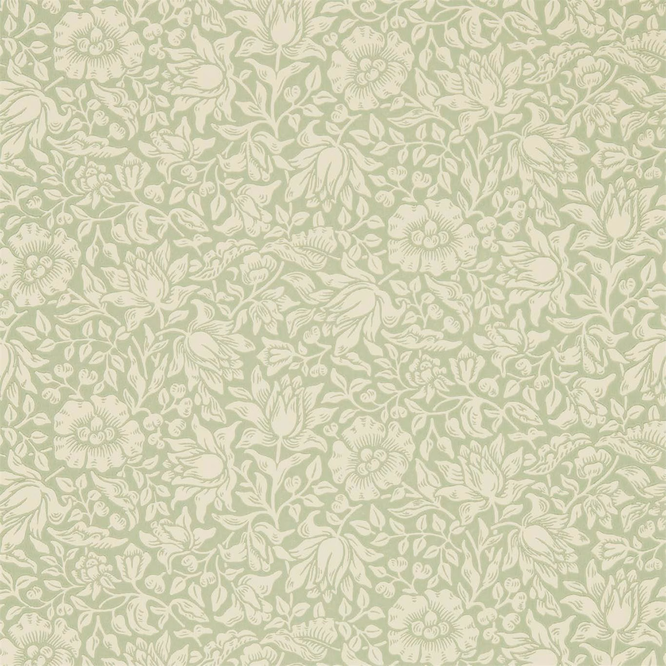 Pale apple-green wallpaper with cream flowering stems, leaves and densely scrolling botanical detail