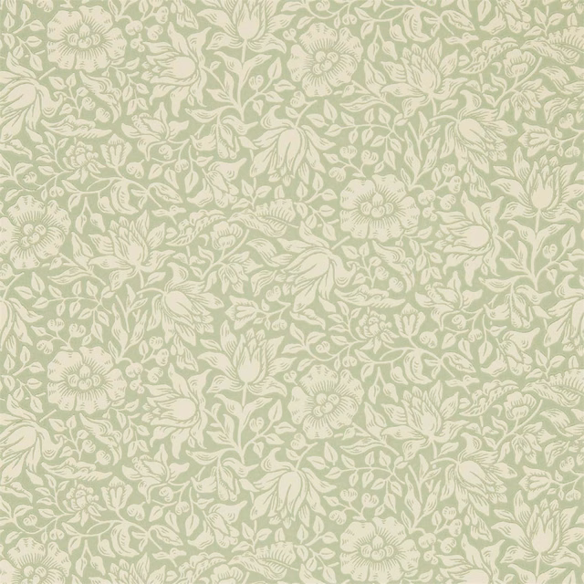 Pale apple-green wallpaper with cream flowering stems, leaves and densely scrolling botanical detail