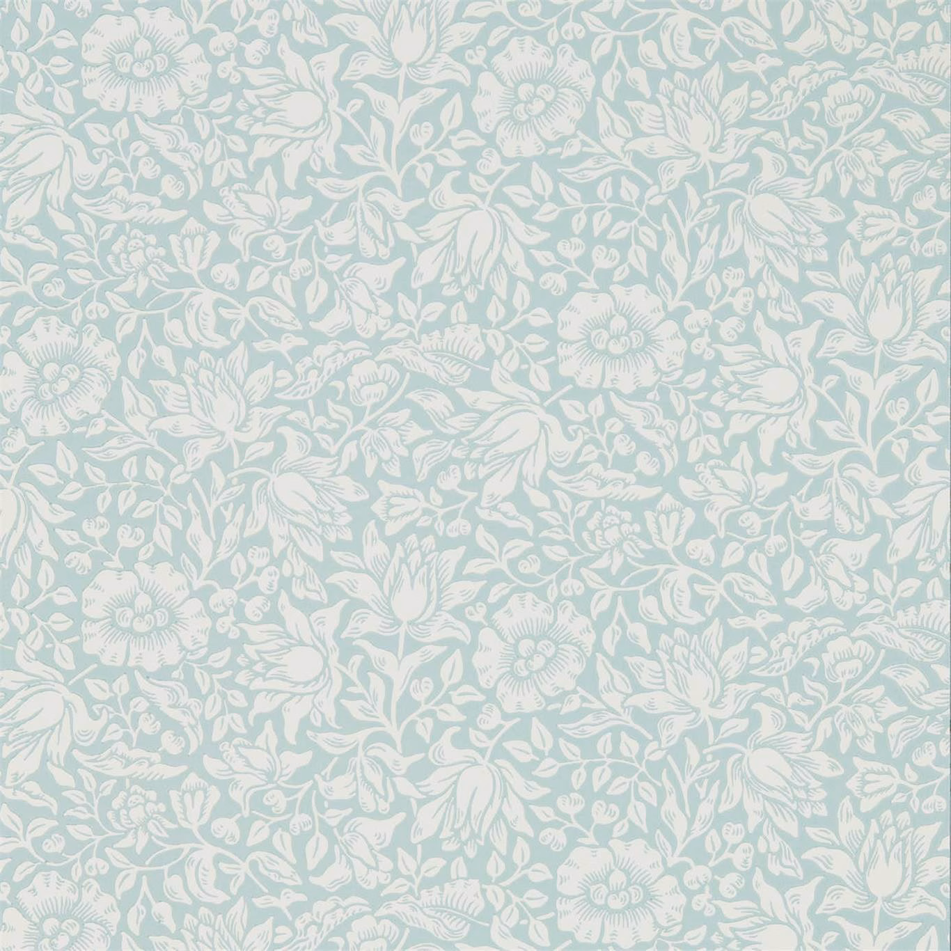 Pale duck egg wallpaper with dense ivory flowers, leaves and scrolling stems
