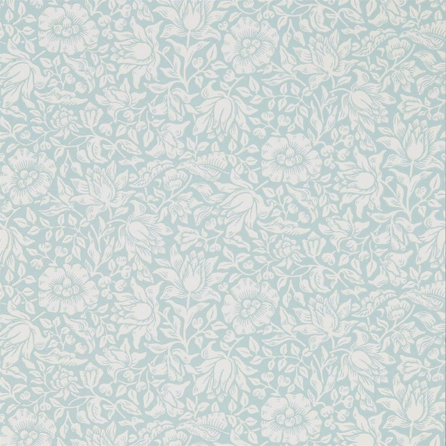 Pale duck egg wallpaper with dense ivory flowers, leaves and scrolling stems