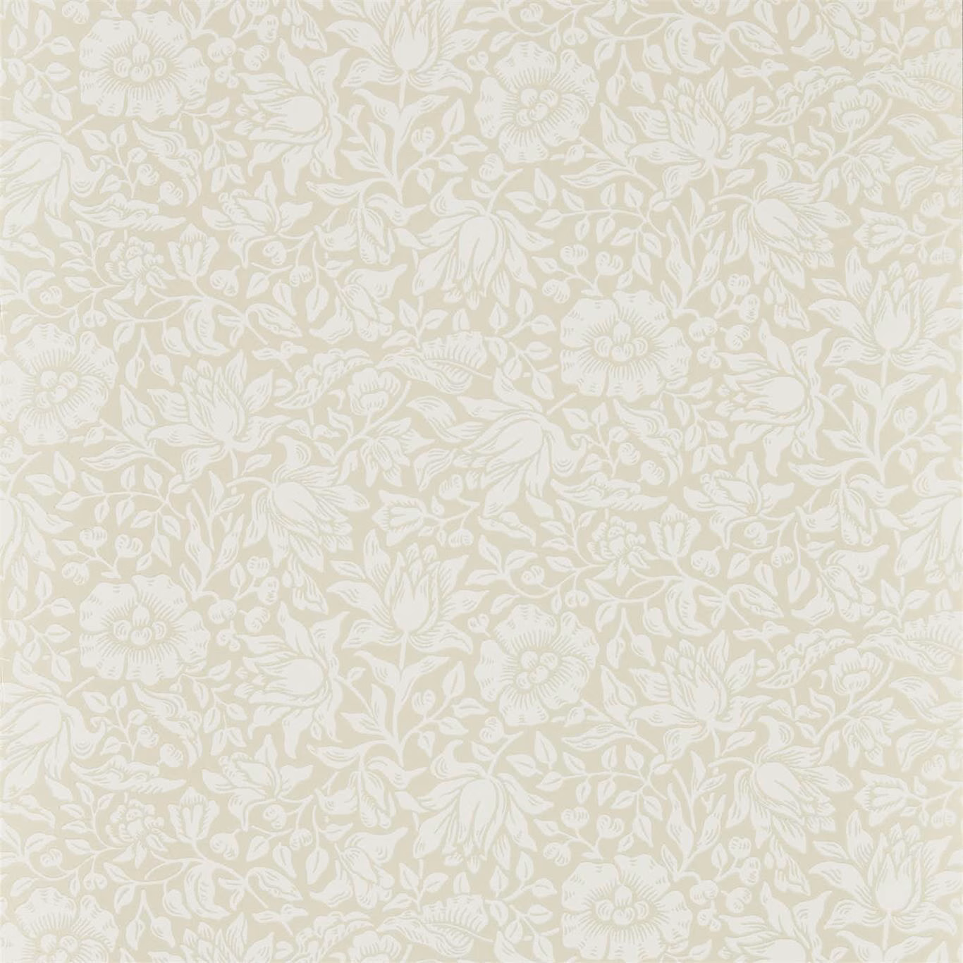 Warm ivory floral wallpaper with pale leafy stems, blossoms and softly scrolling foliage