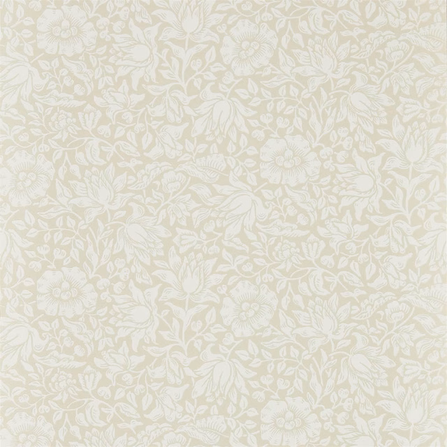 Warm ivory floral wallpaper with pale leafy stems, blossoms and softly scrolling foliage