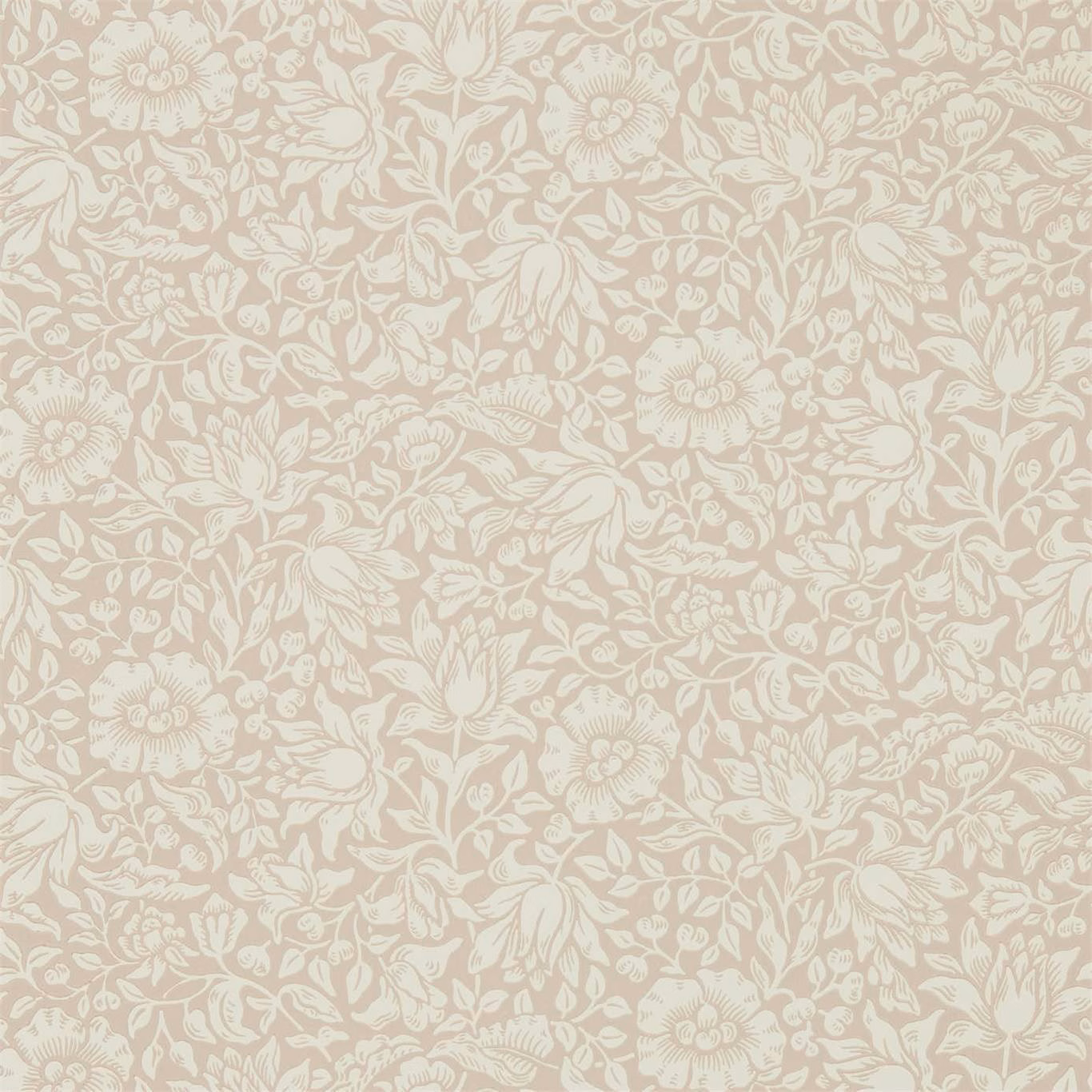 Cream trailing flowers and leaves on a muted dusky-rose floral wallpaper ground