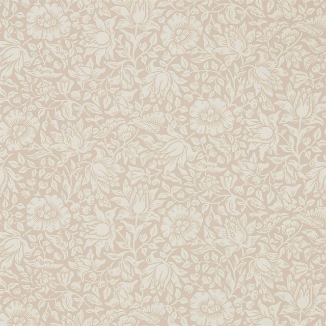 Cream trailing flowers and leaves on a muted dusky-rose floral wallpaper ground