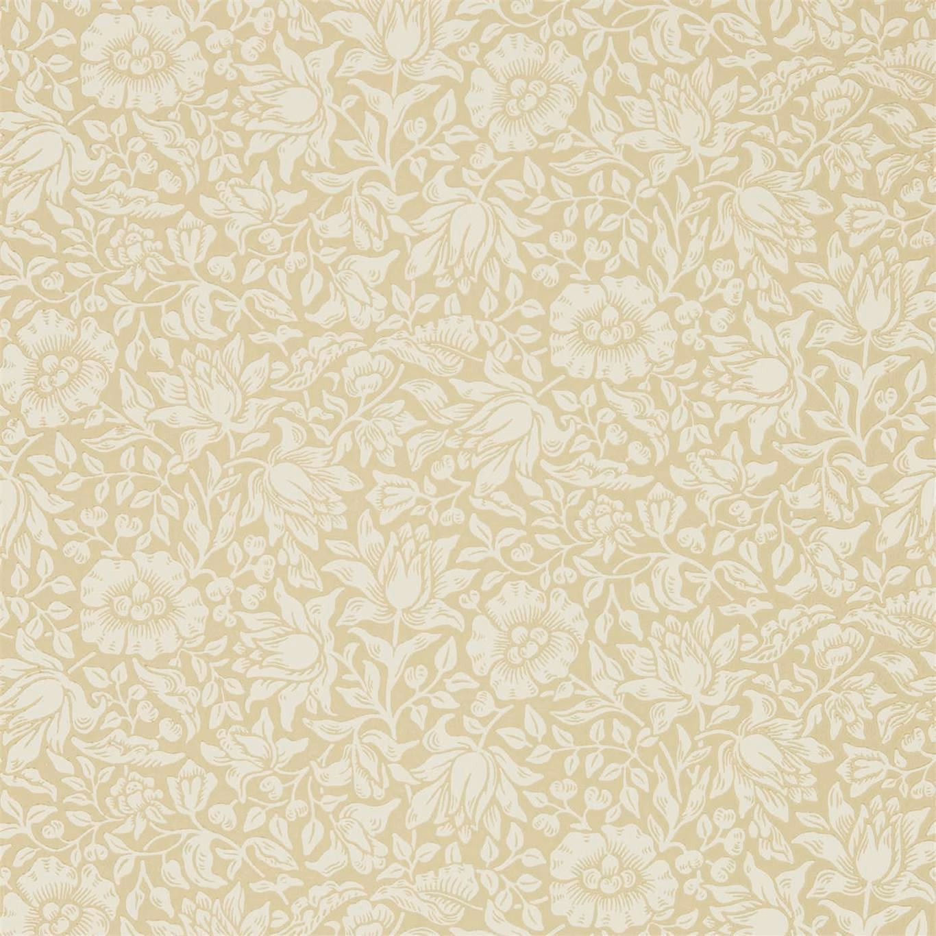 Soft gold wallpaper with cream flowers, scrolling leaves and dense botanical detail