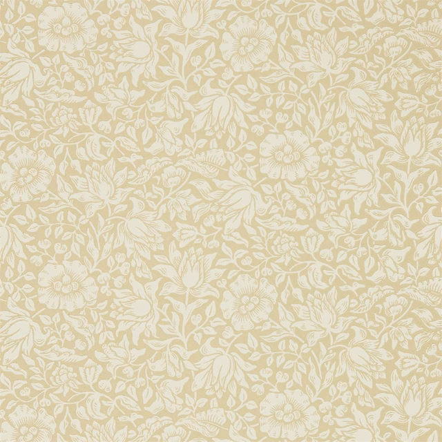 Soft gold wallpaper with cream flowers, scrolling leaves and dense botanical detail