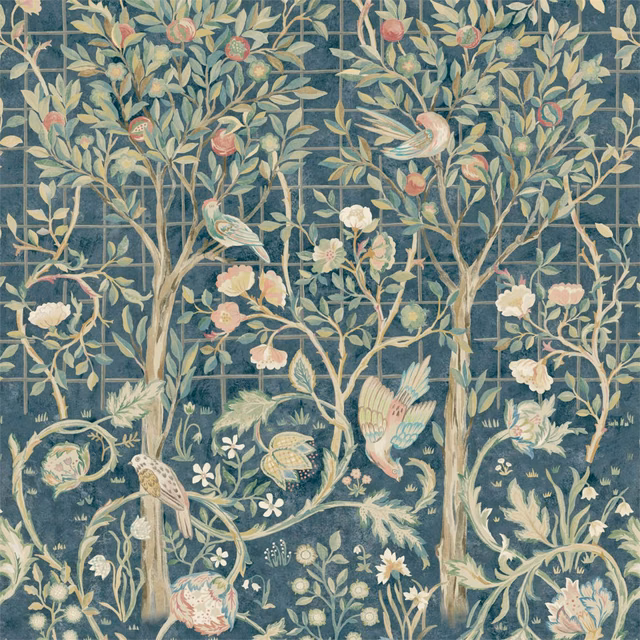 Deep indigo wallpaper with flowering trees, perched birds, pale foliage and blush blooms