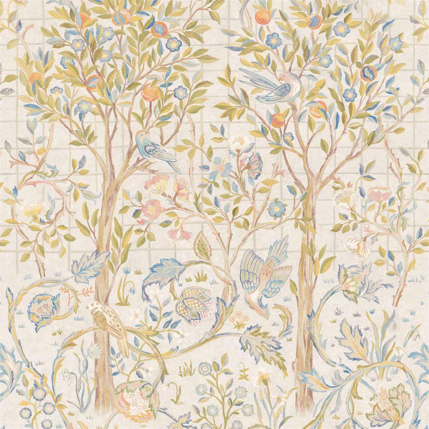 Ivory wallpaper with sage branches, blue birds, peach flowers and scrolling foliage