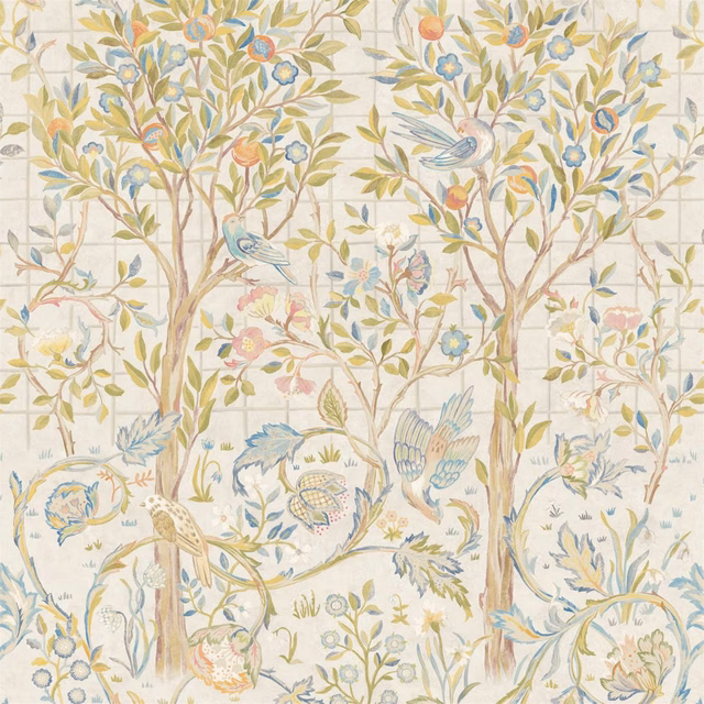 Ivory wallpaper with sage branches, blue birds, peach flowers and scrolling foliage