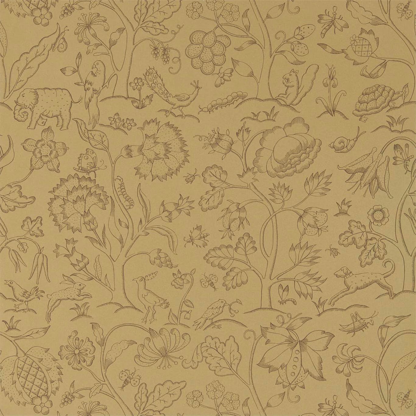 Antique gold wallpaper with fine brown botanical, floral and animal illustrations