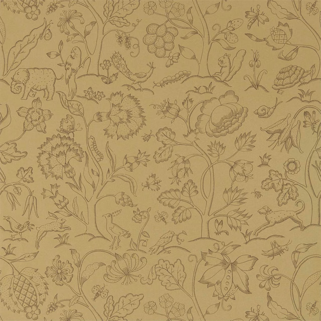 Antique gold wallpaper with fine brown botanical, floral and animal illustrations