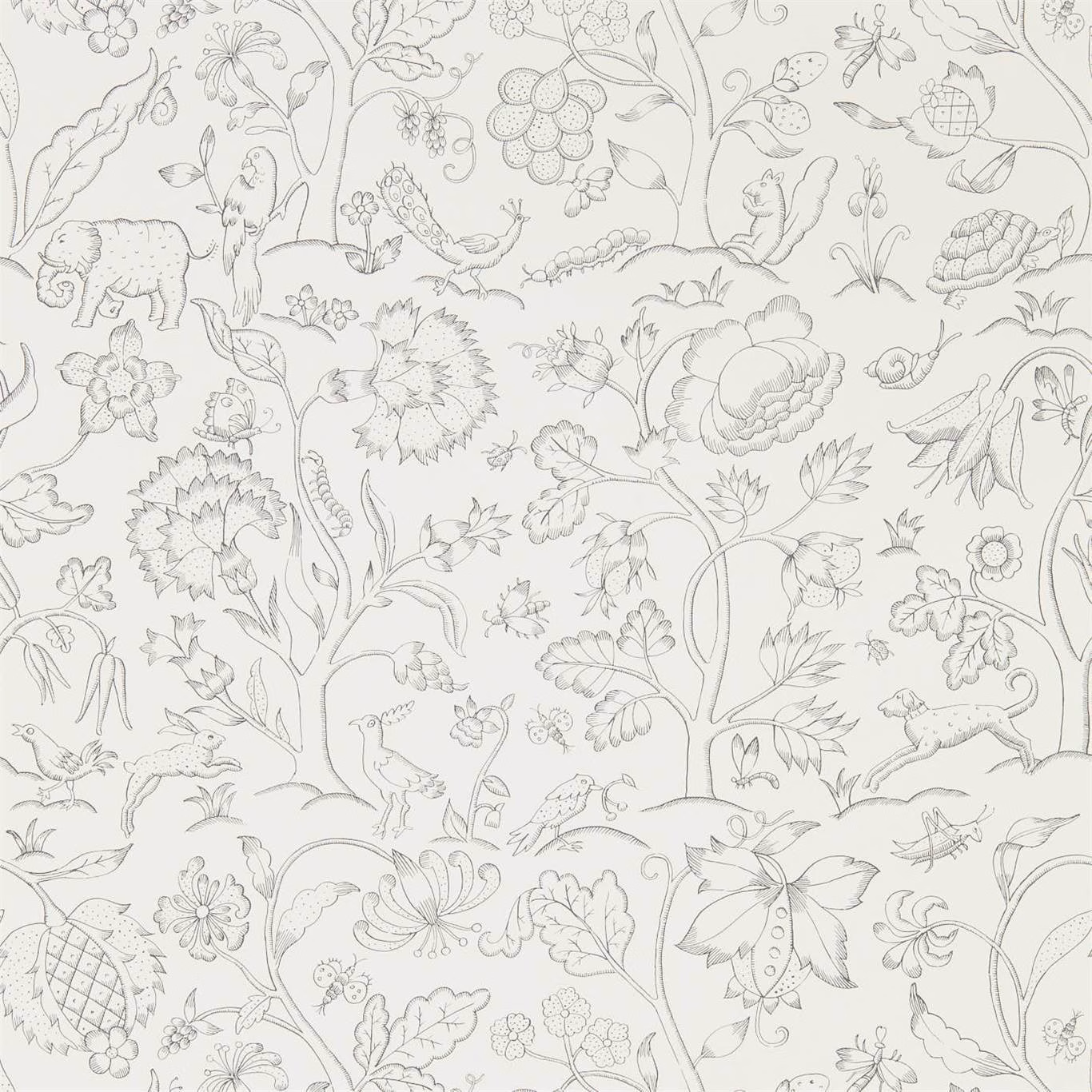Chalk-grey wallpaper with charcoal botanicals, birds, flowers and small animals