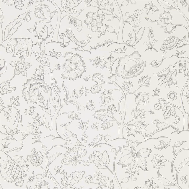Chalk-grey wallpaper with charcoal botanicals, birds, flowers and small animals