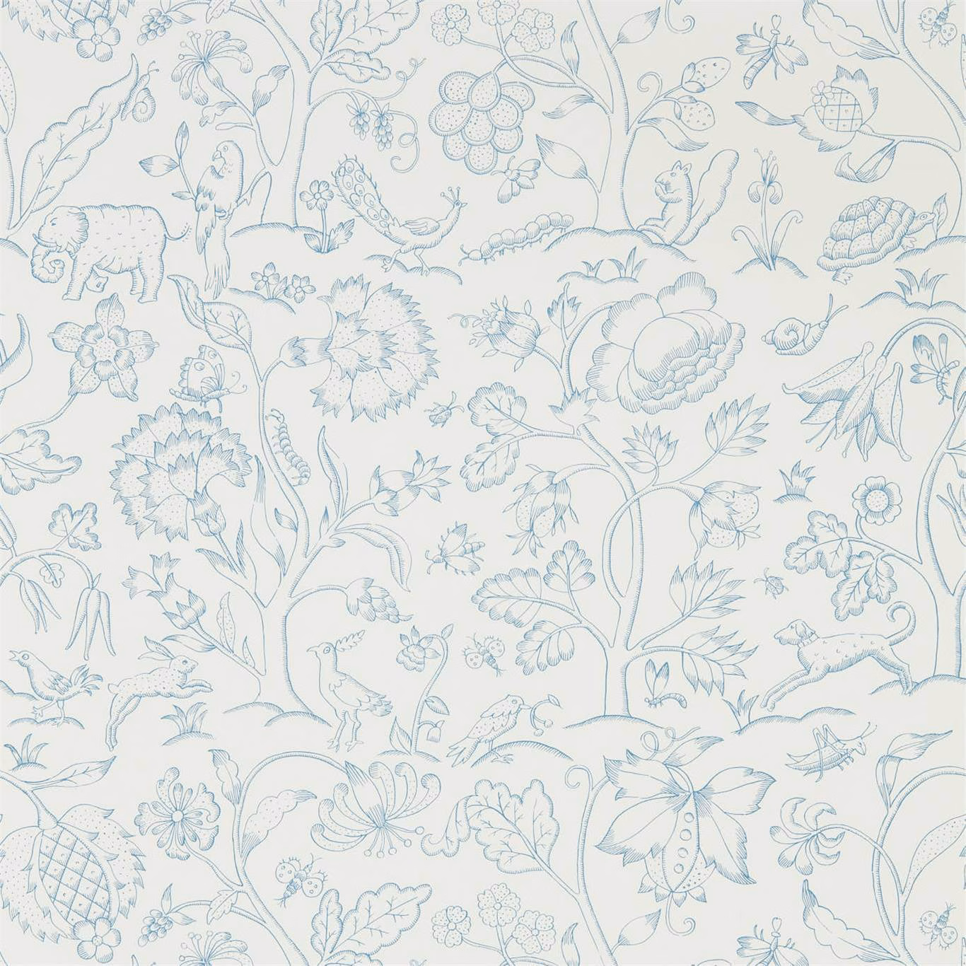Chalk-white wallpaper with pale cornflower-blue vines, flowers, fruits and small animals