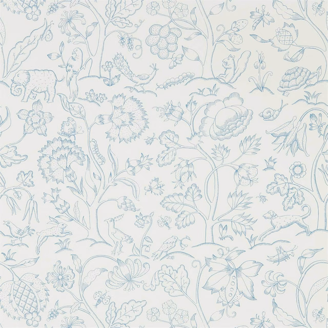 Chalk-white wallpaper with pale cornflower-blue vines, flowers, fruits and small animals