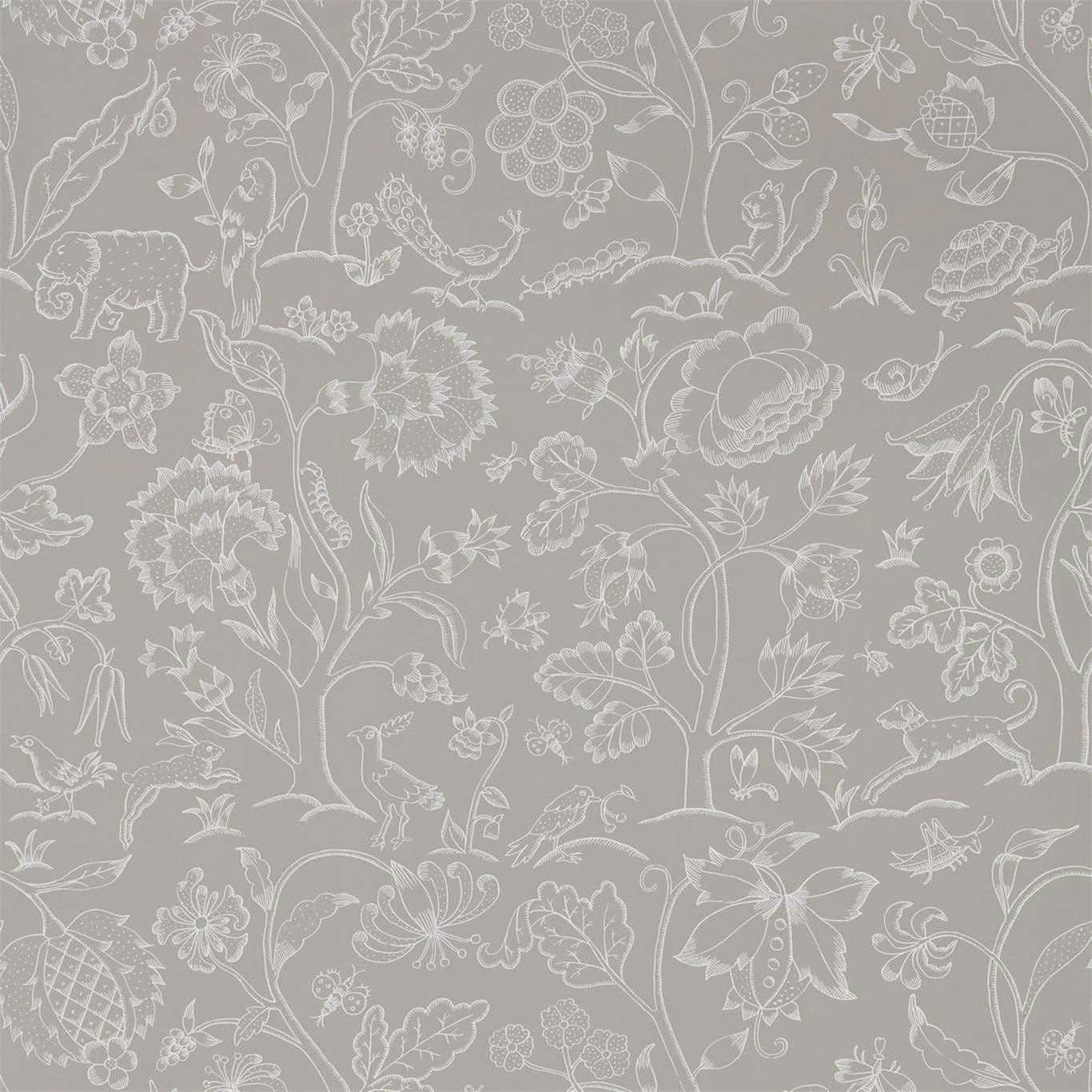 Chalk-grey wallpaper with ivory birds, flowers, foliage and a spotted big cat