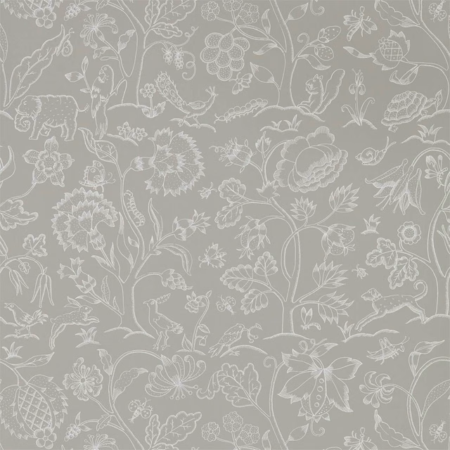 Chalk-grey wallpaper with ivory birds, flowers, foliage and a spotted big cat