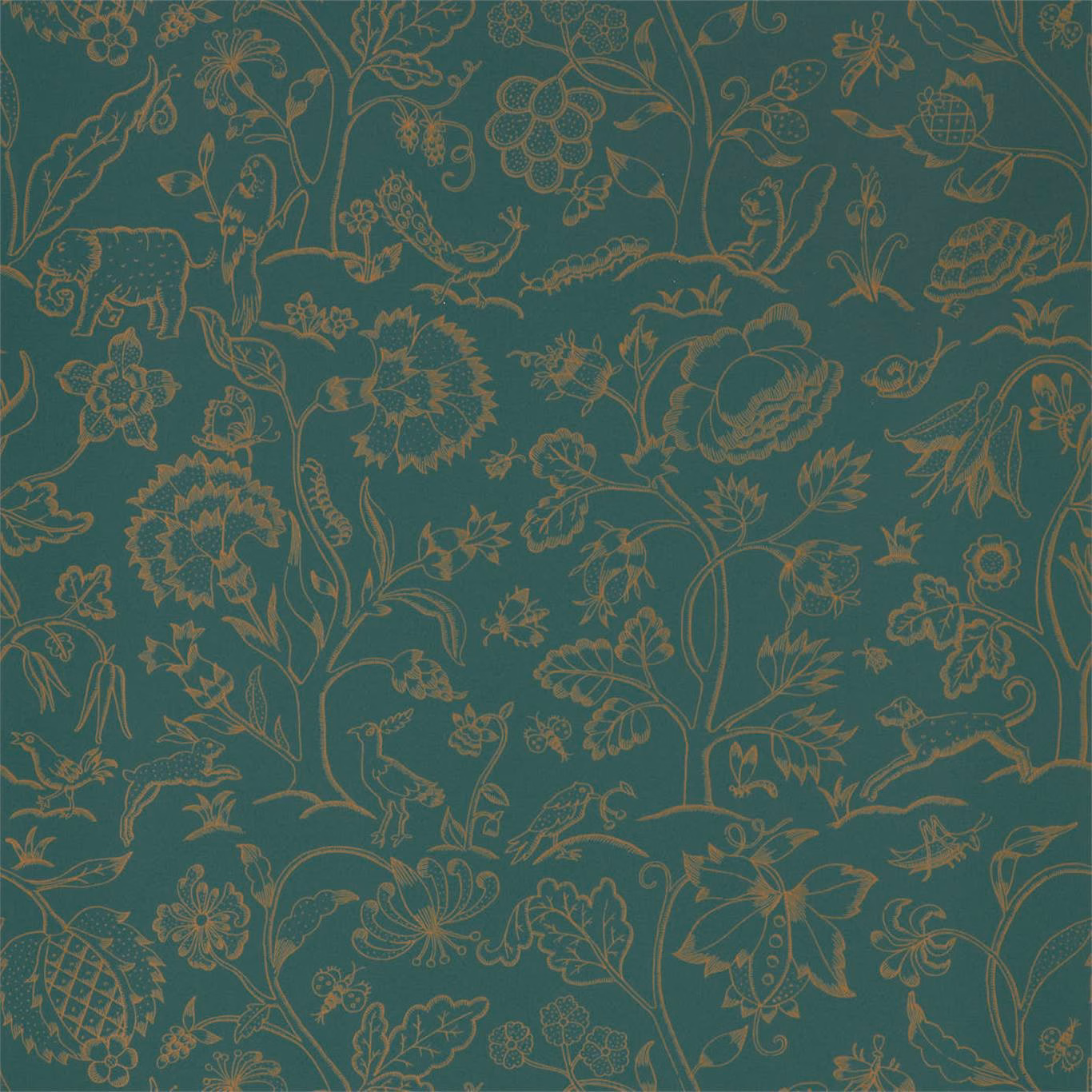 Deep teal wallpaper with fine moss-gold botanical, animal and floral linework