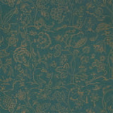 Deep teal wallpaper with fine moss-gold botanical, animal and floral linework