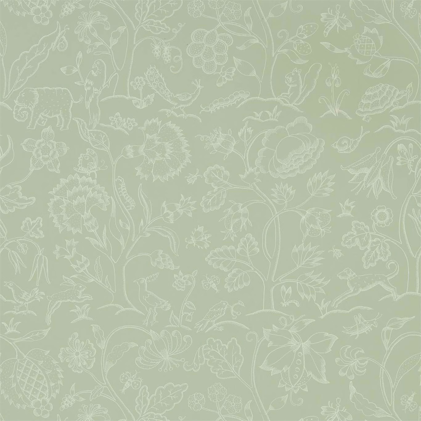 Muted sage-grey wallpaper with pale botanical linework, birds, flowers and small animals