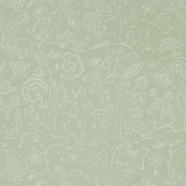 Muted sage-grey wallpaper with pale botanical linework, birds, flowers and small animals