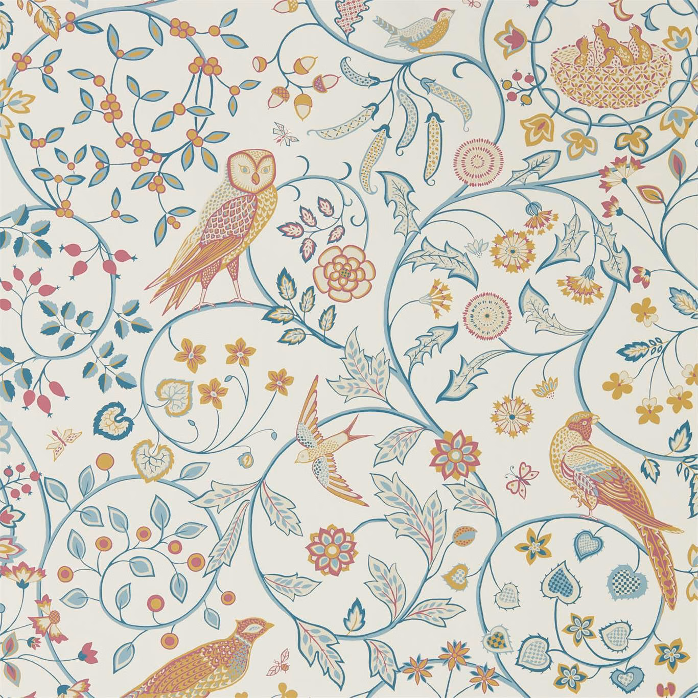 Cream wallpaper with indigo vines, saffron birds, and intricate floral medallions