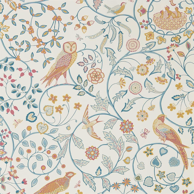 Cream wallpaper with indigo vines, saffron birds, and intricate floral medallions
