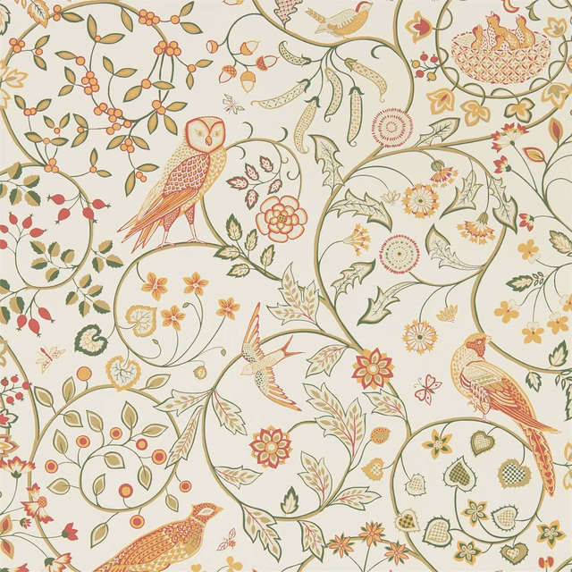Ivory wallpaper with sage scrolling vines, birds, berries and fine floral motifs
