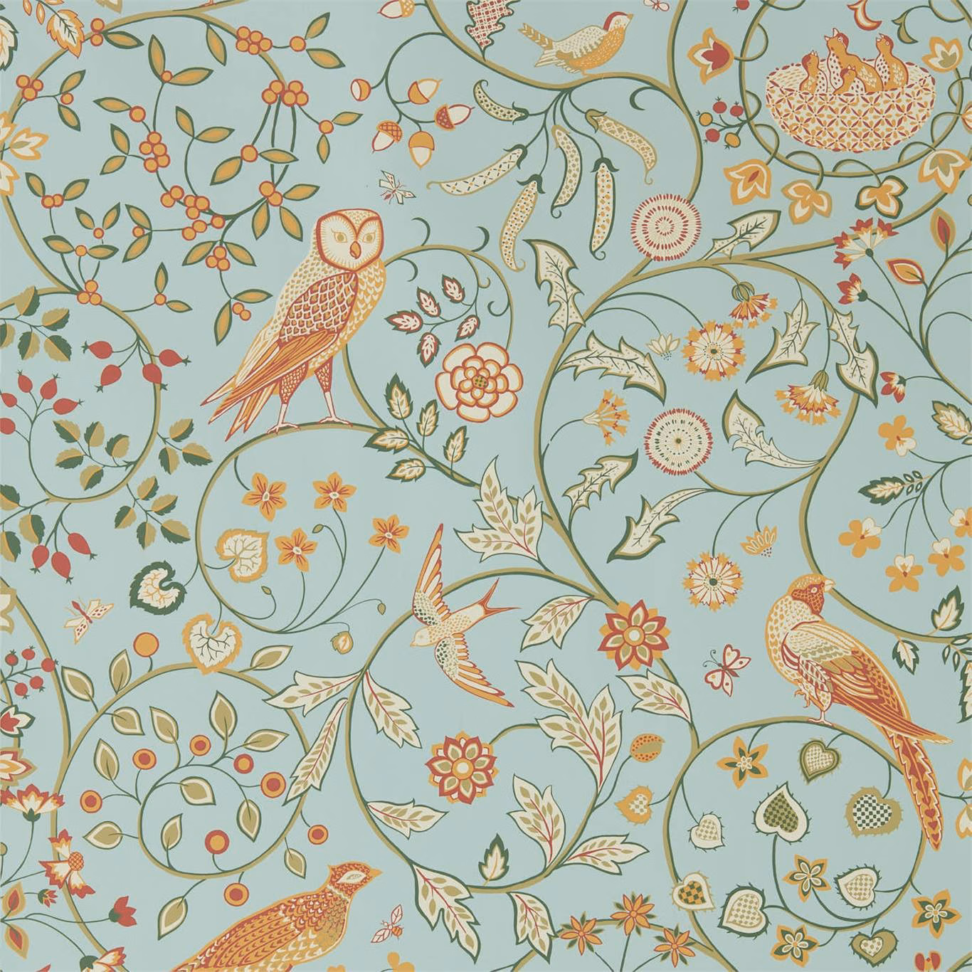Peppermint blue-green wallpaper with russet birds, scrolling vines and detailed floral sprays