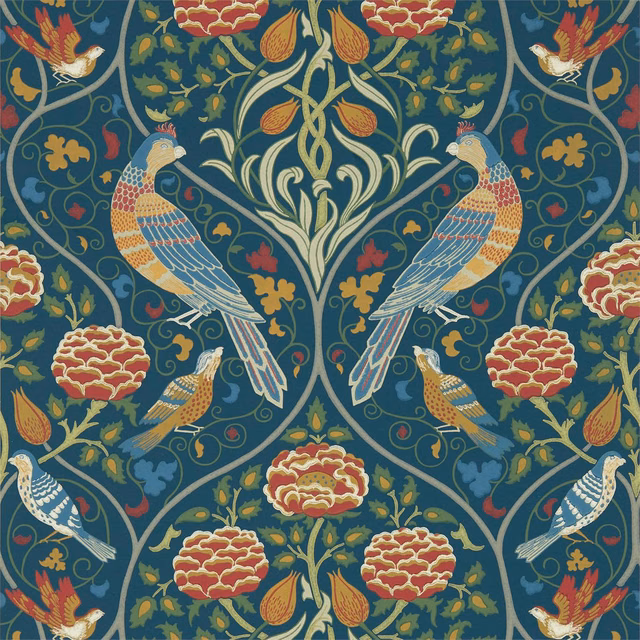 Indigo wallpaper with mirrored birds, coral pomegranates and curling ivory botanicals