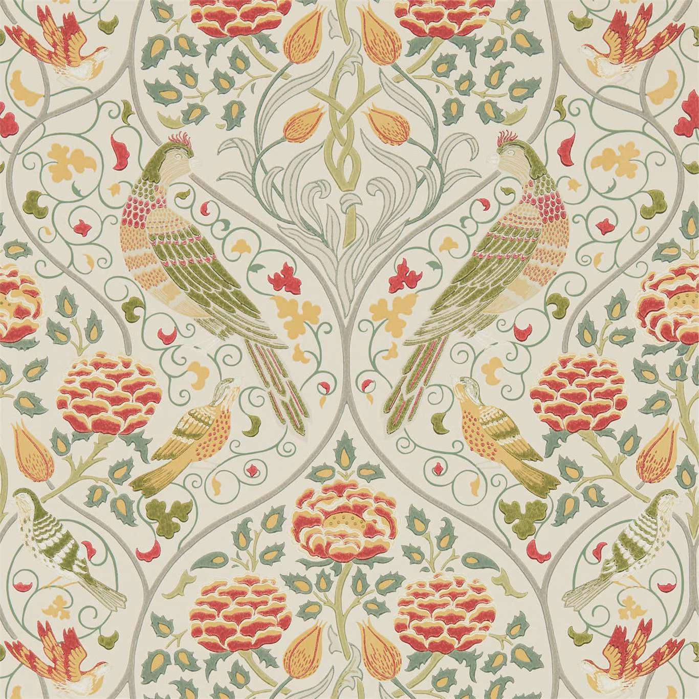 Warm cream wallpaper with sage birds, coral flowers and scrolling botanical vines