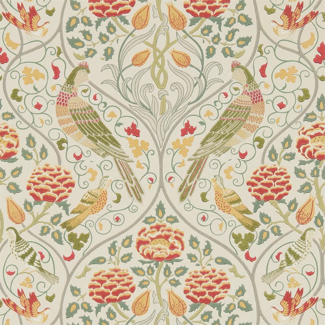 Warm cream wallpaper with sage birds, coral flowers and scrolling botanical vines