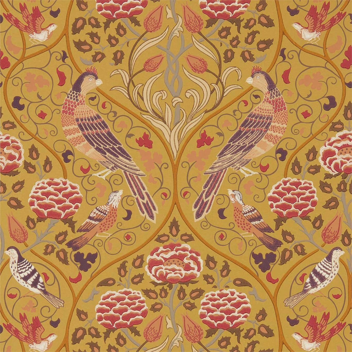 Saffron wallpaper with mirrored birds, pomegranates and scrolling foliage in rust, cream and plum