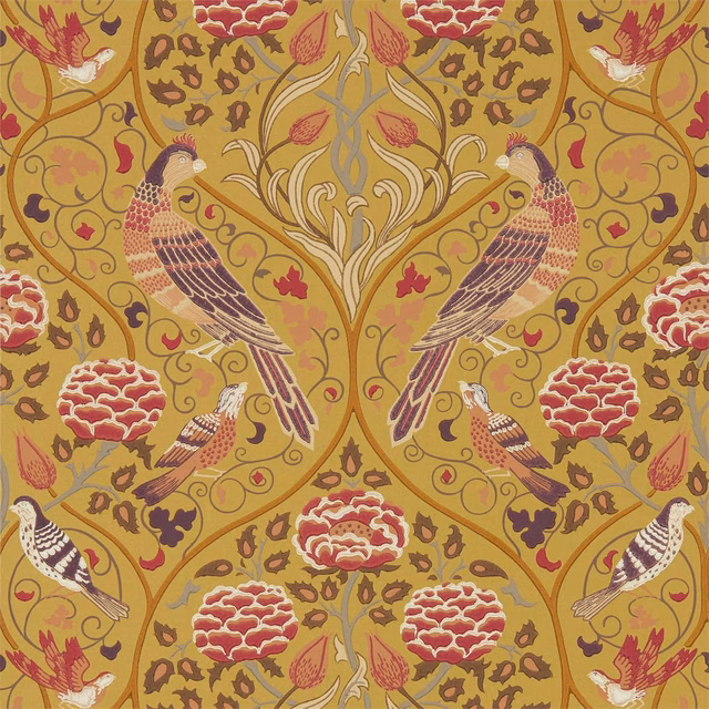 Saffron wallpaper with mirrored birds, pomegranates and scrolling foliage in rust, cream and plum