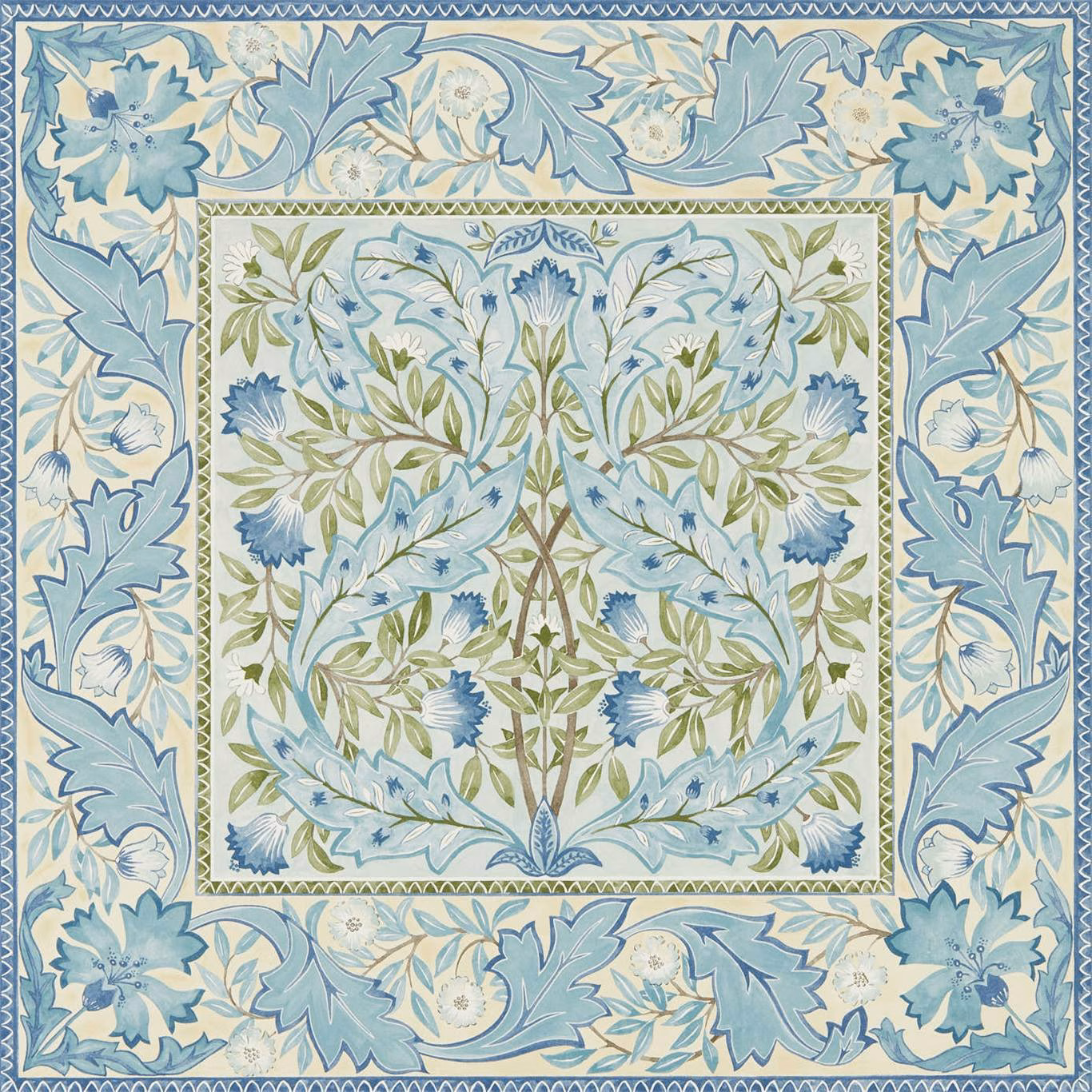 Wilhelmina Indigo wallpaper with pale indigo birds, sage leaves and framed floral border