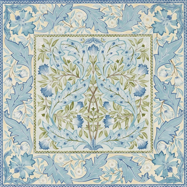 Wilhelmina Indigo wallpaper with pale indigo birds, sage leaves and framed floral border