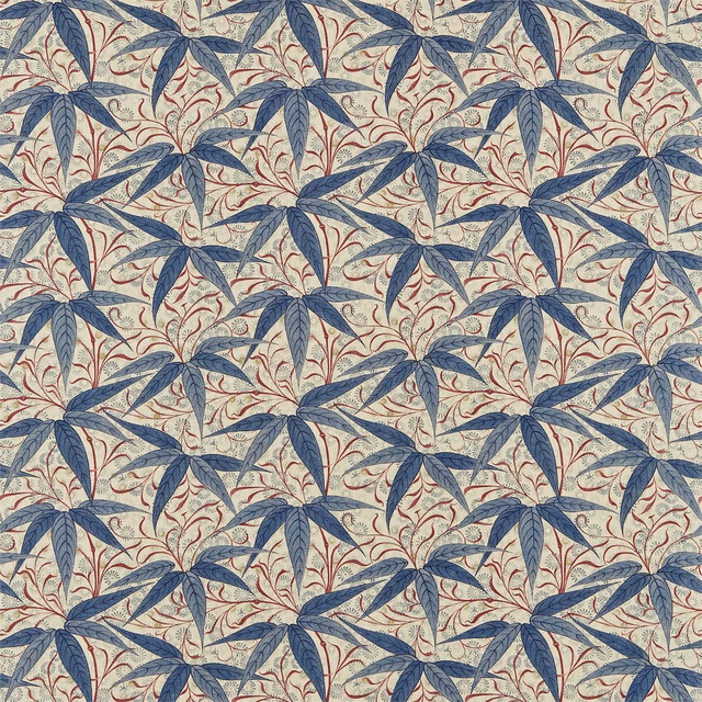 Indigo leaf and curling red vine motifs on a warm cream ground