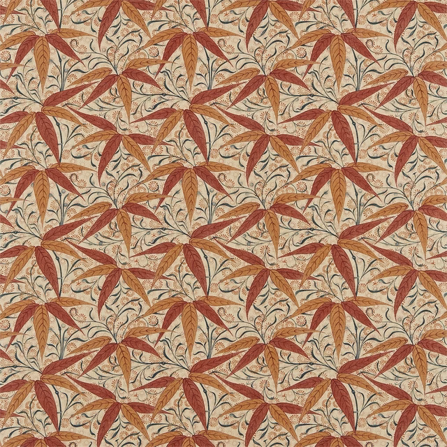 Warm cream botanical fabric with russet leaves and olive curling stems
