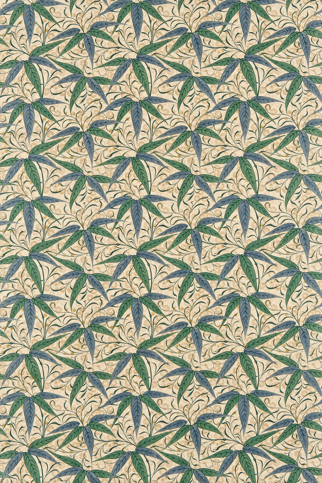 Cream-ground botanical fabric with blue-green leaves and curling vine stems