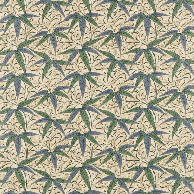 Cream-ground botanical fabric with blue-green leaves and curling vine stems