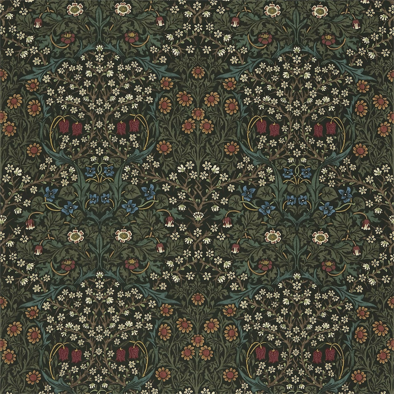 Dense botanical fabric in deep moss green with berry, cream and blue flowers