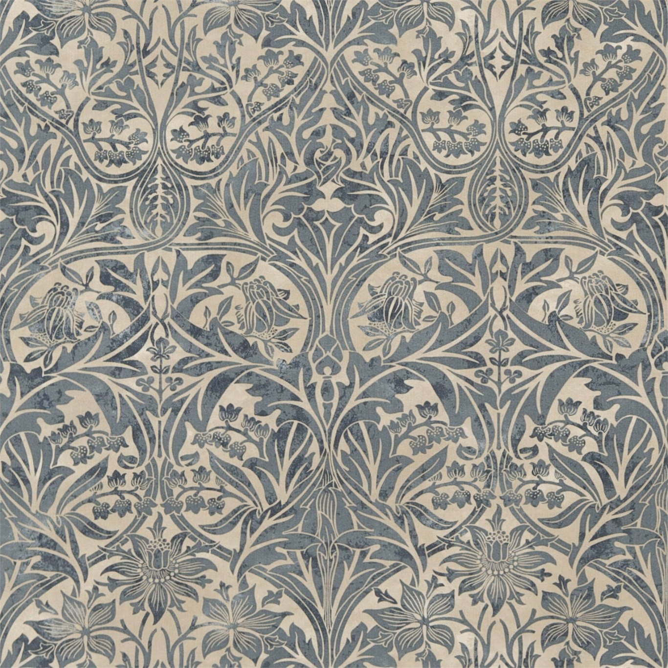 Muted blue-green Morris floral vines and flowers on a warm vellum ground