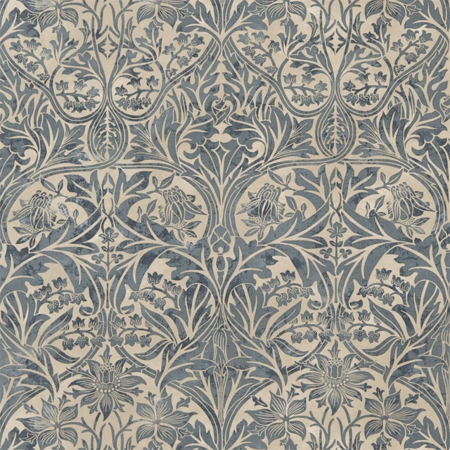 Muted blue-green Morris floral vines and flowers on a warm vellum ground