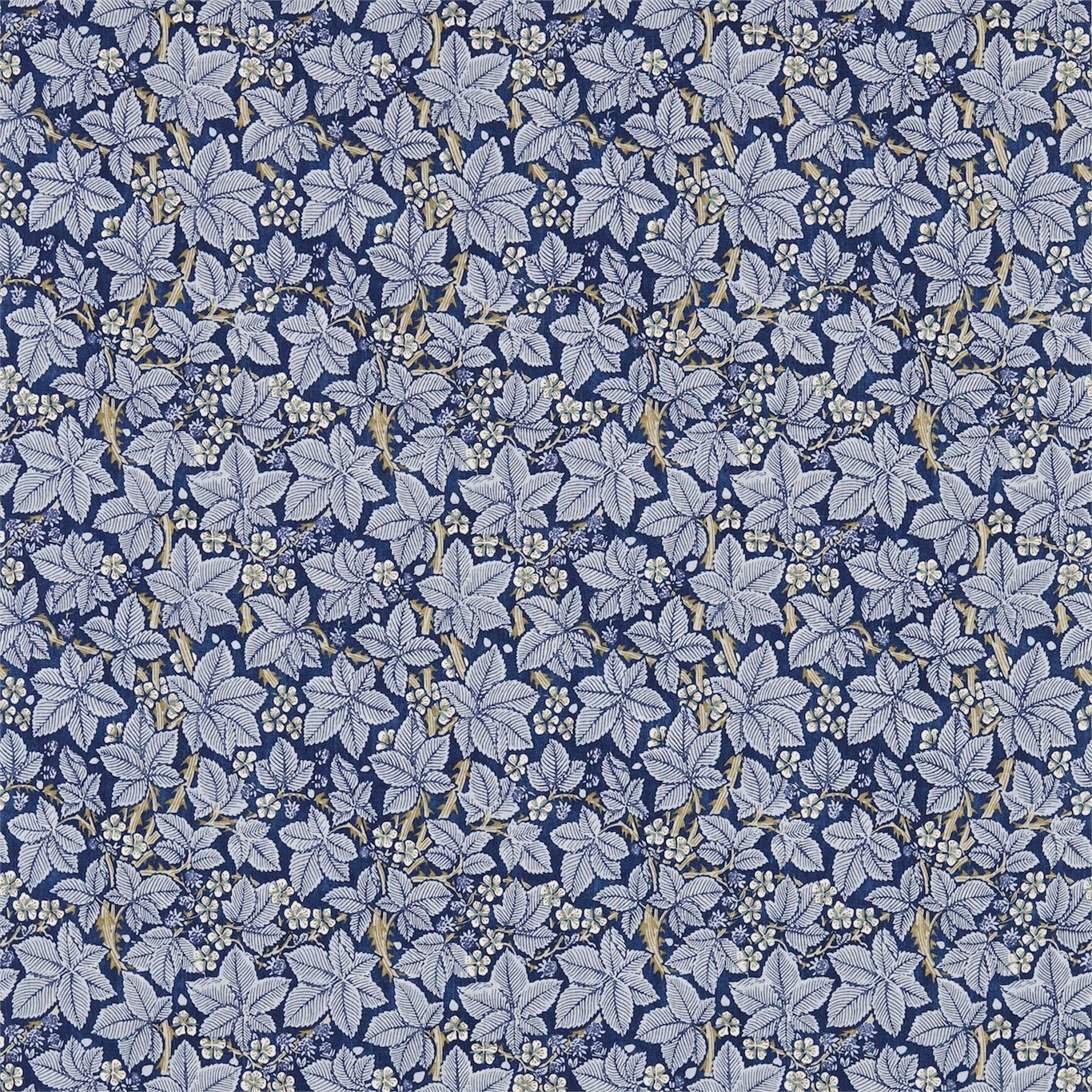 Indigo-blue floral leaves and berry sprigs on a mineral-grey woven ground