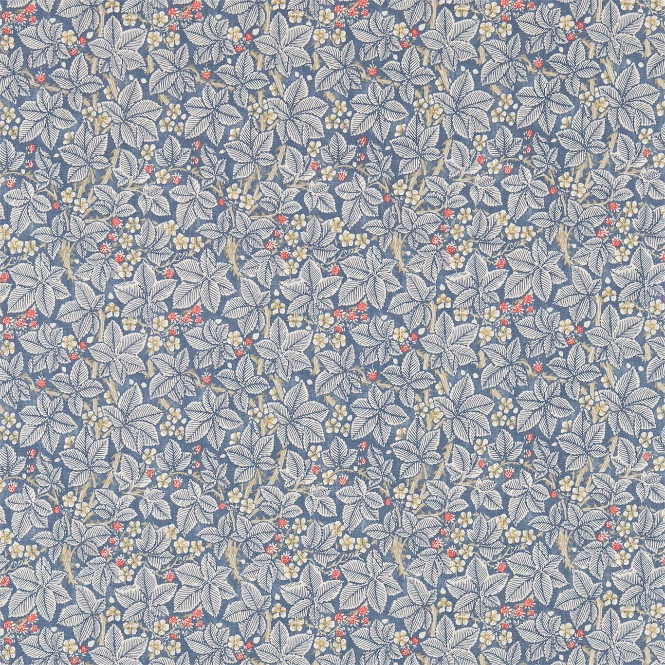 Slate-blue Morris botanical fabric with silvery leaves, coral berries and woven texture