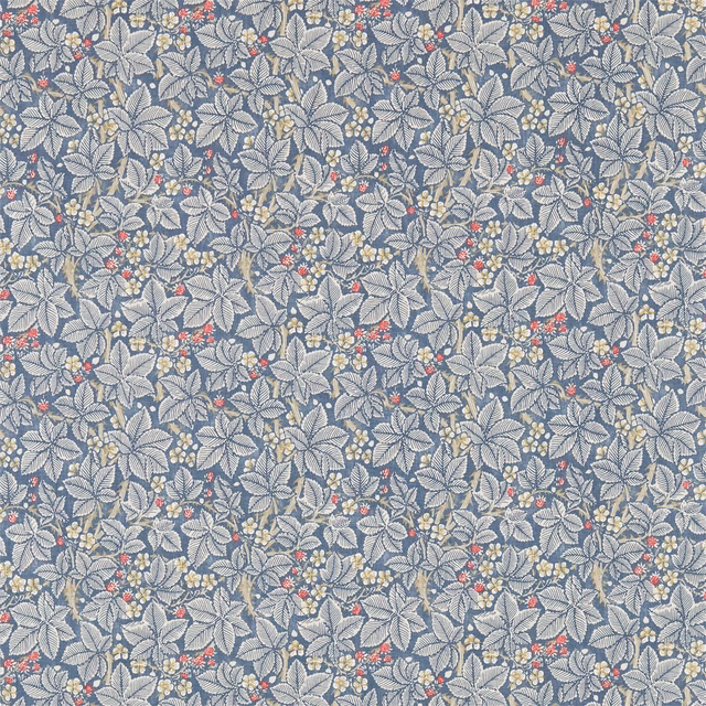 Slate-blue Morris botanical fabric with silvery leaves, coral berries and woven texture