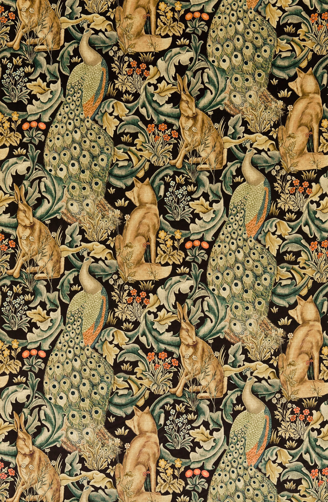 Charcoal velvet with sage peacocks, golden rabbits and dense scrolling foliage